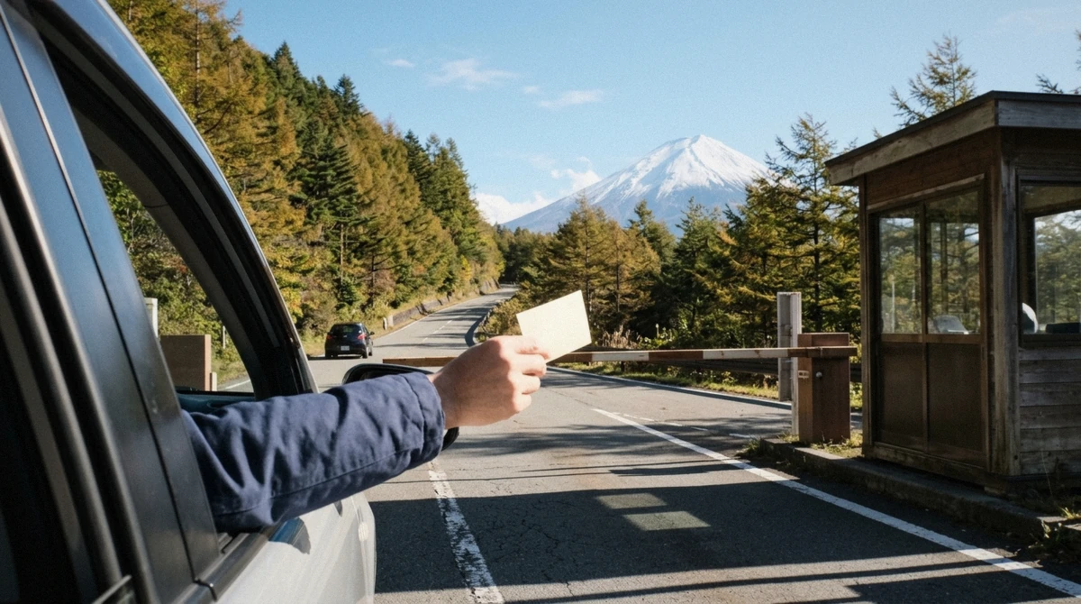 A driver checking a toll ticket at the Fuji Subaru Line gate on the way to Mount Fuji, part of the real cost of a Mount Fuji day trip from Tokyo