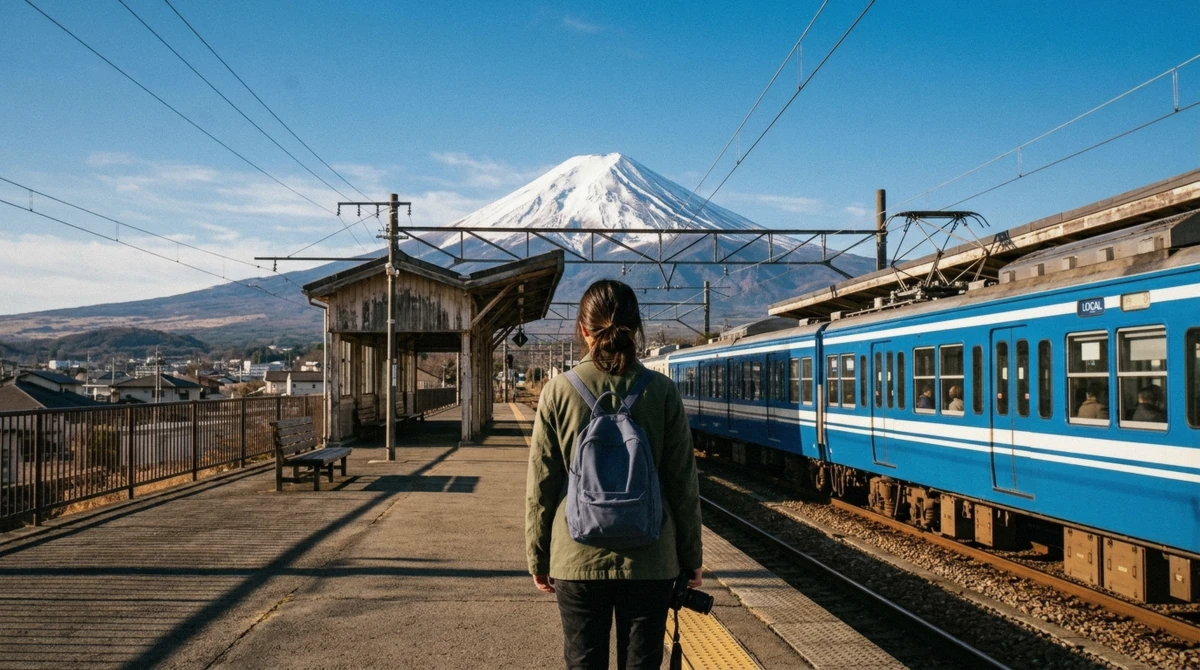 A traveler waiting beside a local train on a Fujikyuko Line platform with Mount Fuji behind, the rail route for a Mount Fuji day trip from Tokyo without a tour