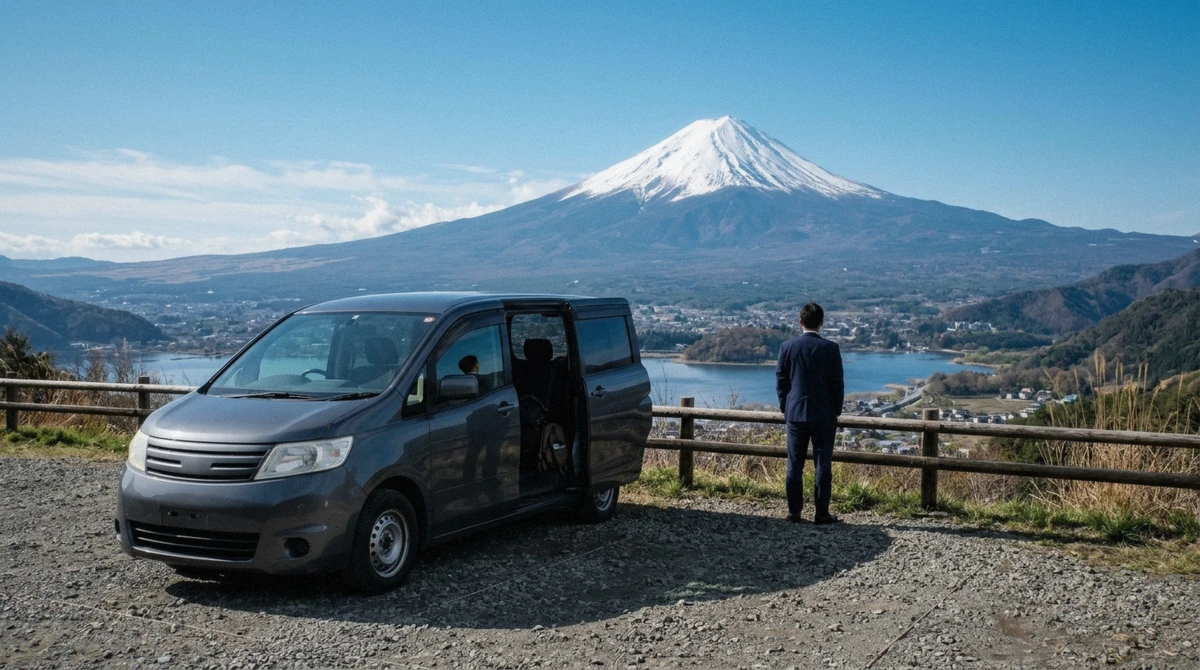 A private driver-guide car parked at a roadside viewpoint on the Fuji Subaru Line with Mount Fuji rising behind it, mid private Mount Fuji tour from Tokyo