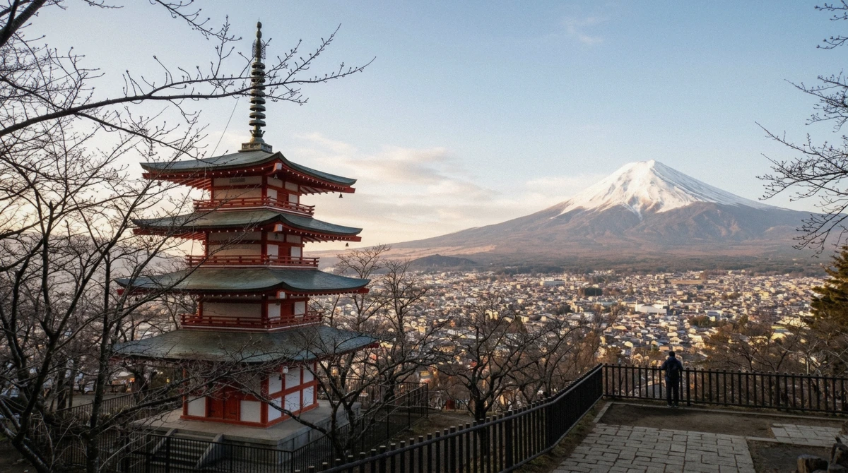 Chureito Pagoda framed against Mount Fuji at sunrise, the most photographed of the best Mount Fuji photo spots
