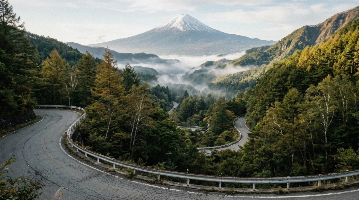 Switchback road climbing through forest towards the Fuji Subaru Line 5th Station, the highest point a Mount Fuji private tour can drive to