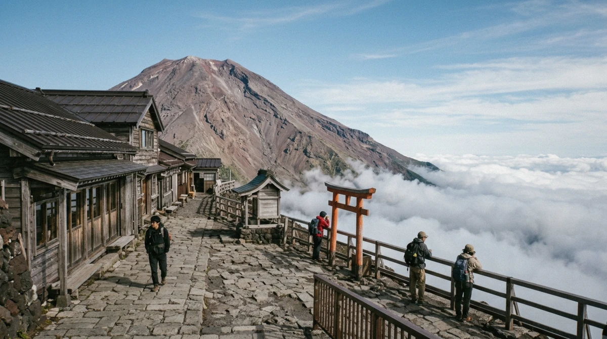 The Fuji Subaru Line 5th Station terrace at 2,300 metres with the upper slopes of Mount Fuji above, the top stop on a Mount Fuji private tour