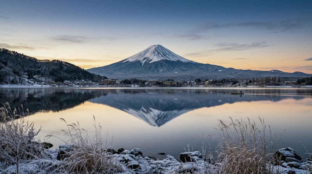 Mount Fuji reflected in Lake Kawaguchi on a clear winter morning, illustrating the best time to see Mount Fuji