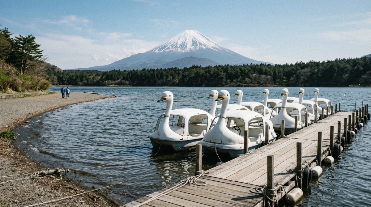Swan boats moored on Lake Yamanaka with Mount Fuji rising behind the far shore, a quieter stop on a Mount Fuji private tour