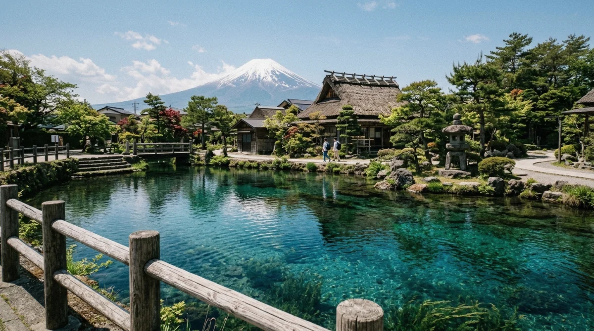 Thatched-roof houses and a clear spring pond at Oshino Hakkai village below Mount Fuji, a family-friendly stop on a Mount Fuji private tour