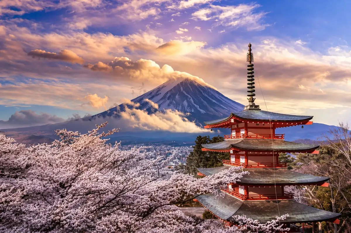 Chureito Pagoda framed against the snow-capped cone of Mount Fuji, a standard stop on a Mount Fuji private tour from Tokyo