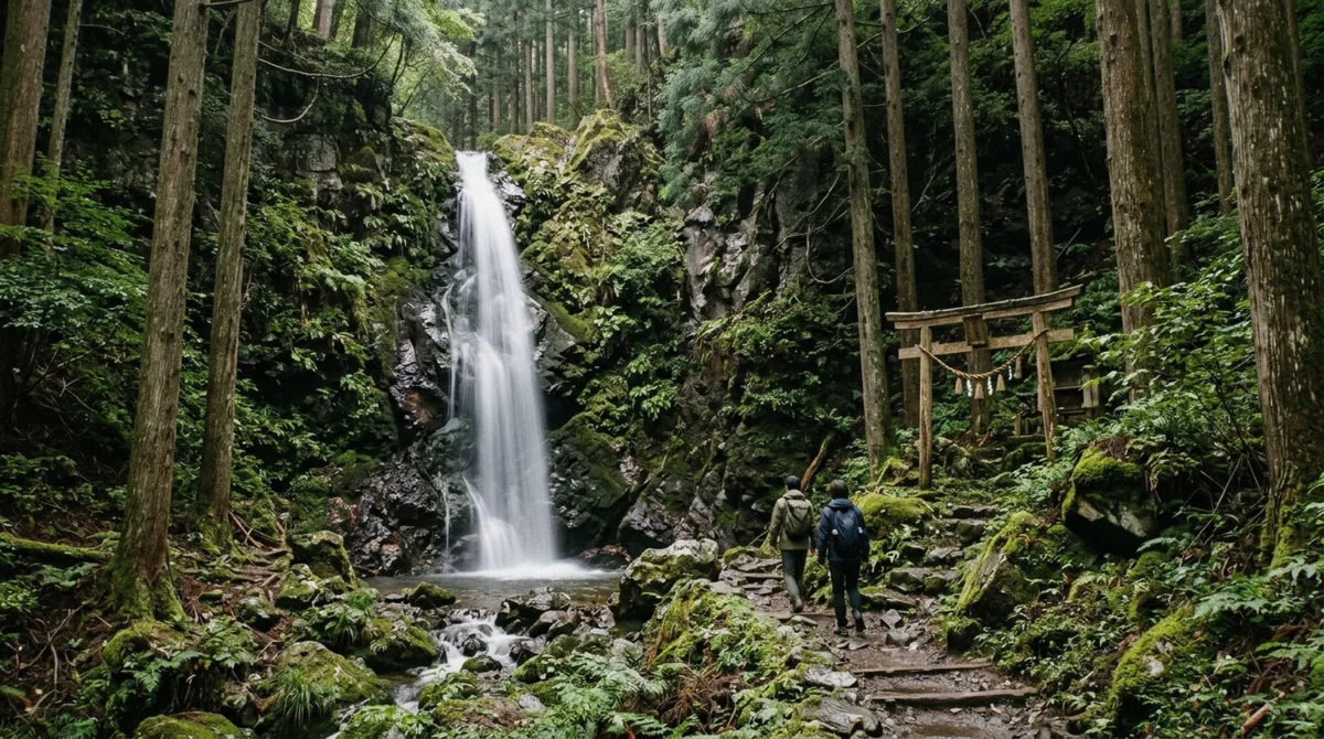 The thin white cascade of Haha-no-Shirataki waterfall in forest near Lake Kawaguchi, a quiet stop on a Mount Fuji private tour from Tokyo