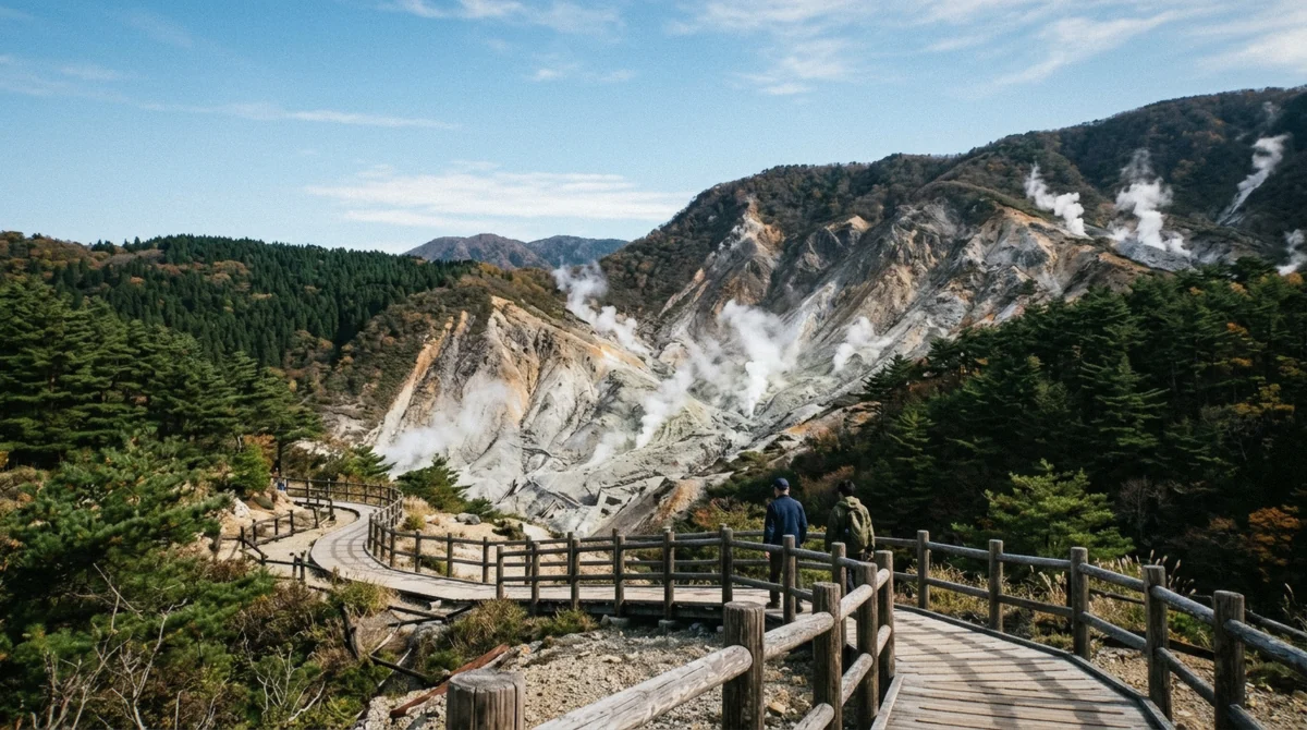 Sulphur steam venting from the bare slopes of Owakudani in Hakone, an Itinerary B stop on a Mount Fuji private tour from Tokyo