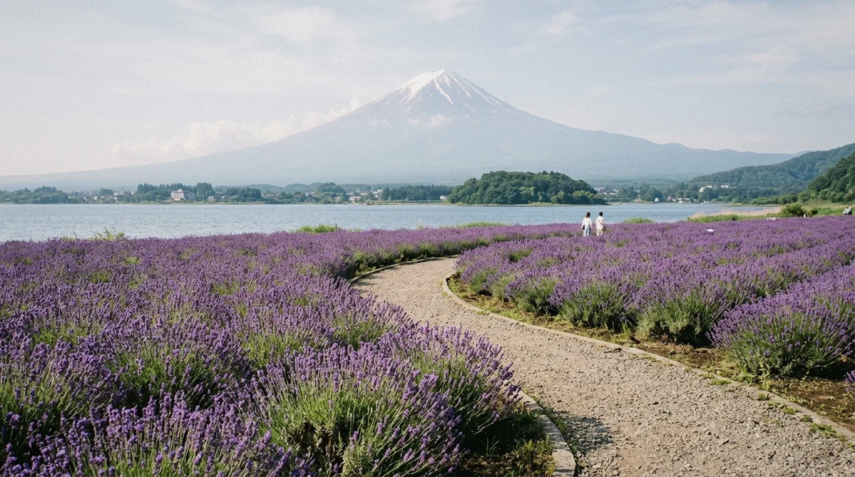 Lavender beds in flower at Oishi Park with Mount Fuji across Lake Kawaguchi, the first stop on this Mount Fuji private tour from Tokyo