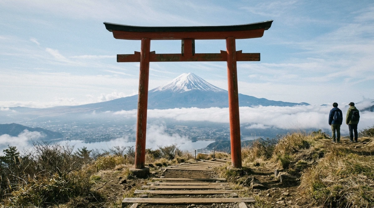 Torii gate above the clouds at Tenku no Torii with Mount Fuji behind it, a photo stop on a Mount Fuji private tour from Tokyo