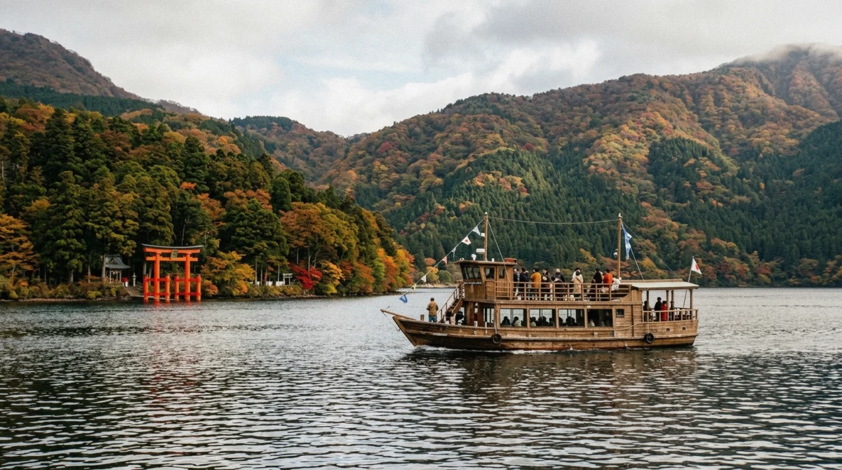 Pirate ship crossing Lake Ashi in Hakone with wooded slopes behind, an optional stop on a Mount Fuji private tour from Tokyo
