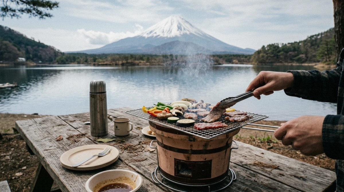 Japanese barbecue grilling lakeside at the foot of Mount Fuji on a Mount Fuji private tour from Tokyo